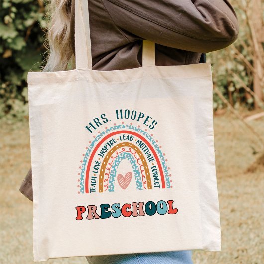 Tote Bag Préscolaire Boho Rainbow Heart Enseignant personna