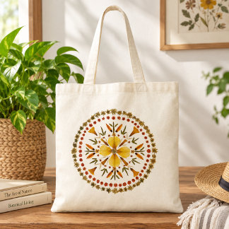 Tote Bag Presse Fleur de Mandala Jaune de l'Œuvre Originale