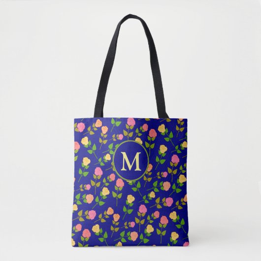 Tote Bag Pretty Blue Rose Pattern Monogram (Devant)
