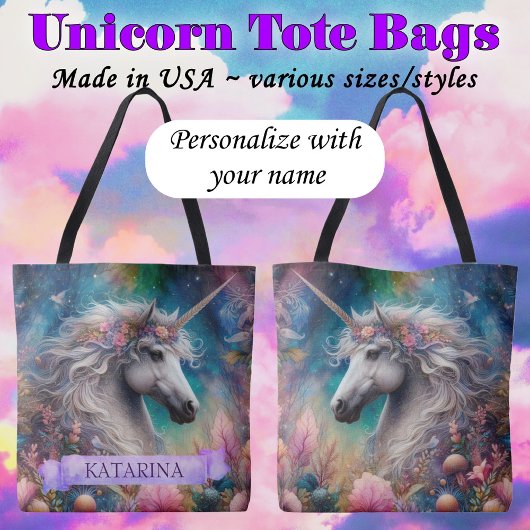 Tote Bag Pretty Floral Whimsical Unicorn Custom Name