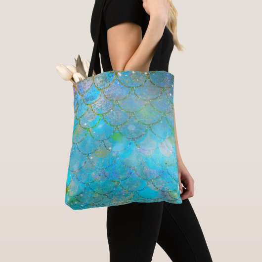 Tote Bag Pretty Iridescent Blue Shtoujours Mermaid Scales (De près)