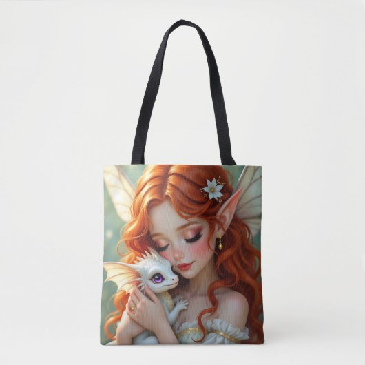 Tote Bag Pretty Red Haired Fairy with Dragon (Devant)