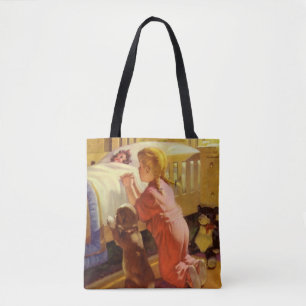 Tote Bag Prières au coucher, Fille avec chiot, Religion Vin