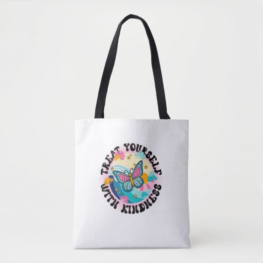 Tote Bag print with the phrase treat yourself with kindness (Devant)