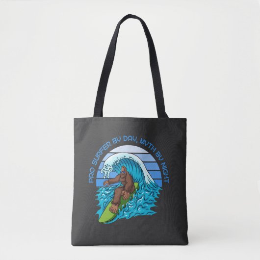Tote Bag Pro By Day, Myth By Night Surfing Bigfoot Black (Devant)