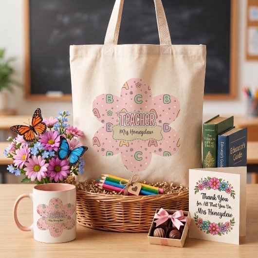 Tote Bag Professeur lettres roses motif scolaire
