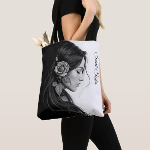 Tote Bag Profil féminin artistique avec rose en monochrome