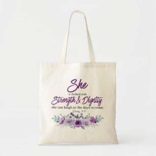 Tote Bag Proverbes 31:25 Force et Dignité Fleur pourpre