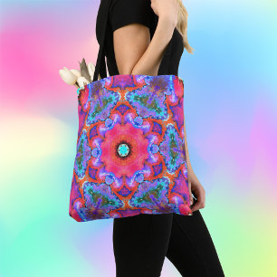 Tote Bag Psychédélique Hippie Fleur rose bleu et orange