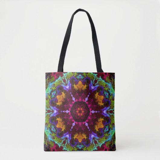 Tote Bag Psychédélique Mandala Fleur violet orange et vert (Devant)