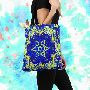 Tote Bag Psychédélique Mandala Flower bleu et jaune