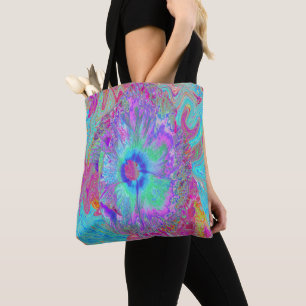 Tote Bag Psychédélique rétro arc-en-ciel bleu Hibiscus