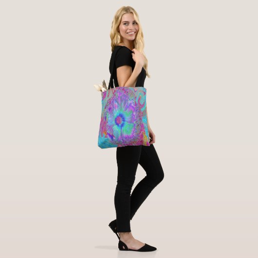 Tote Bag Psychédélique rétro arc-en-ciel bleu Hibiscus (Sur le modèle)