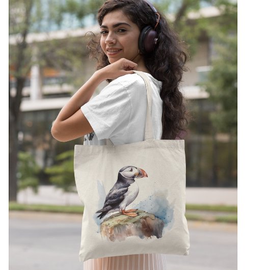 Tote Bag Puffin sur une aquarelle rocheuse