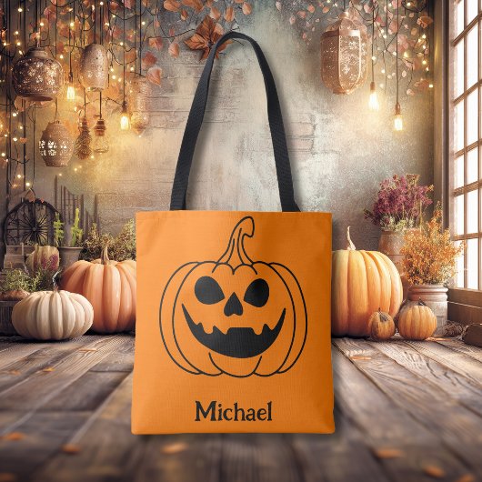 Tote Bag Pumpkin Face Jack O Lantern With Name