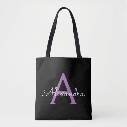 Tote Bag Purple Black Girl Script Monogramme Nom Moderne (Devant)