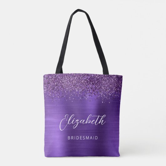 Tote Bag Purple Glam Metallic Modern Script Bridesmaid (Dos)