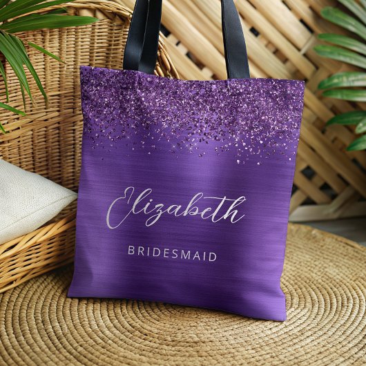 Tote Bag Purple Glam Metallic Modern Script Bridesmaid