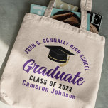Tote Bag Purple Graduate Personnalisé 2023 Graduation<br><div class="desc">Ce sac fourre-tout moderne violet noir personnalisé de deuxième cycle comprend votre nom de lycée ou de collège pour la classe de 2023. Customisez avec votre année de graduation sous le script manuscrit chic et le casquette noir grad pour une grande fête de graduation personnalisée faveur cadeau.</div>