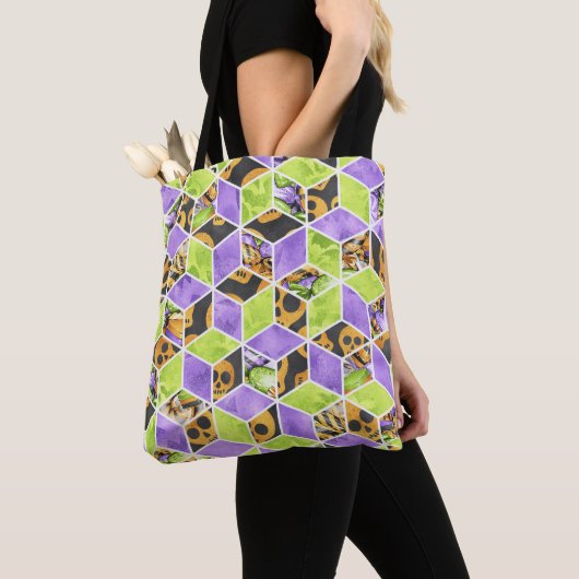TOTE BAG PURPLE NOIR ORANGE VERT DIAMOND MOTIF (De près)