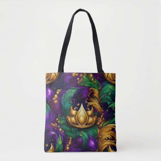 TOTE BAG PURPLE OR VERT MARDI GRAS CROWN & FEATHERS (Devant)