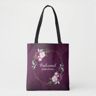 Tote Bag Purple Plum Blush rose Floral Bridesmaid cadeau Fo