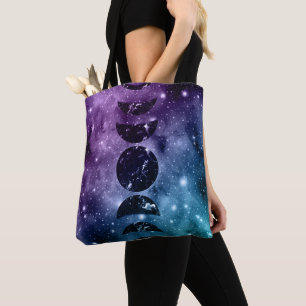 Tote Bag Purple Turquoise Galaxy Nebula Dream Moon Phases #