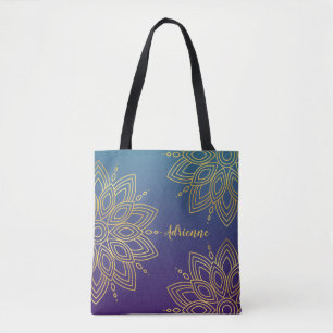 Tote Bag Purple Turquoise Gradient Faux Gold Mandala