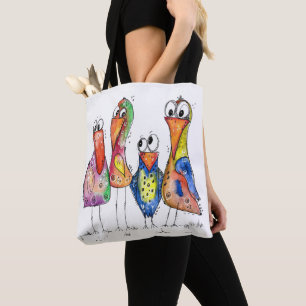 Tote Bag Quatre Beaux Oiseaux Whimsical Colorés