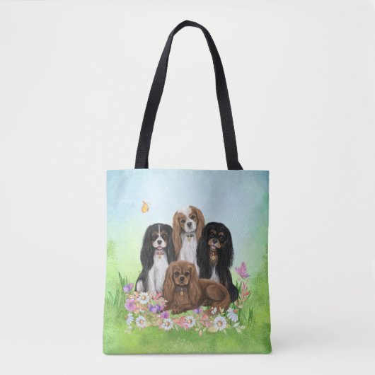 Tote Bag Quatre Espagnols Cavalier Roi Charles en Fleurs   (Devant)