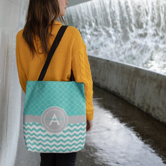 Tote Bag Quatrefoil turquoise Grey Chevron