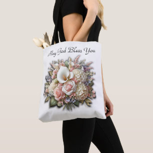 Tote Bag Que Dieu vous bénisse Bouquet de fleurs Fourre-tou
