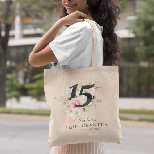 Tote Bag Quinceanera rose Floral Rustique Blush 15e anniver