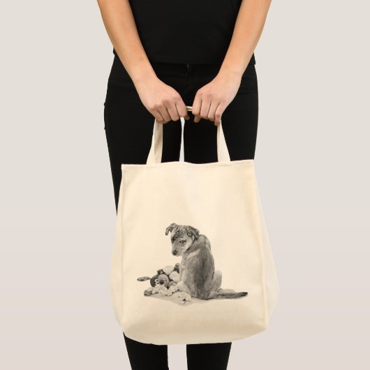 Tote Bag race mixte grise avec chiot en peluche (Devant (produit))