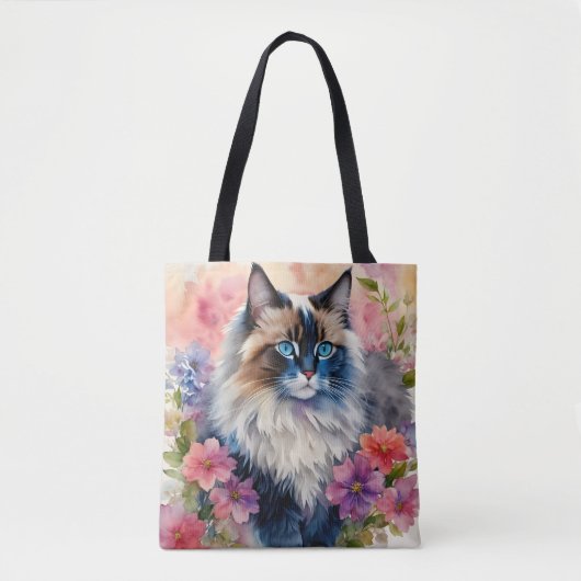 Tote Bag Ragdoll Chat Floral Portrait Art (Devant)