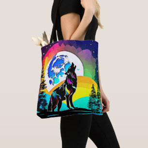 Tote Bag Rainbow Lunar Wolf Howl Art