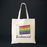 Tote Bag Rainbow Mariage Layer Bridesmaid LGBT Pride<br><div class="desc">Le sac fourre-tout Canvas présente une illustration originale d'une tranche de gâteau mariage arc-en-ciel, avec BRIDESMAID dans une police amusante. Un cadeau parfait pour votre fête de mariage ! Cette conception est également disponible sur d'autres produits. Ne vois-tu pas ce que tu cherches ? Vous avez besoin d'aide pour la...</div>