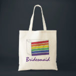 Tote Bag Rainbow Mariage Layer Bridesmaid LGBT Pride<br><div class="desc">Le sac fourre-tout Canvas présente une illustration originale d'une tranche de gâteau mariage arc-en-ciel, avec BRIDESMAID dans une police amusante. Un cadeau parfait pour votre fête de mariage ! Cette conception est également disponible sur d'autres produits. Ne vois-tu pas ce que tu cherches ? Vous avez besoin d'aide pour la...</div>