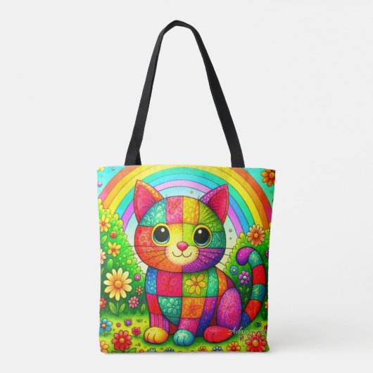 Tote Bag Rainbow Patchwork Cat Art (Dos)