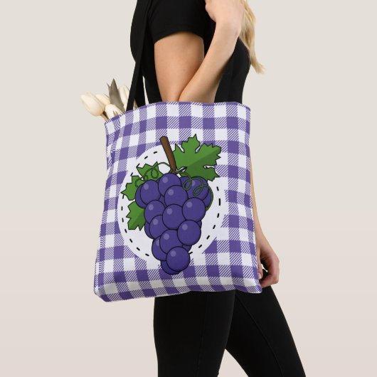 Tote Bag Raisins sur Plaid violet blanc (De près)