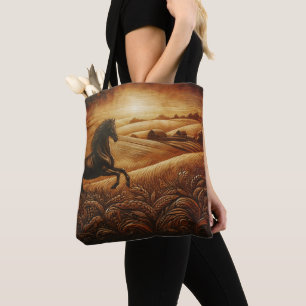 Tote Bag Ranch de chevaux en cuir au coucher du soleil