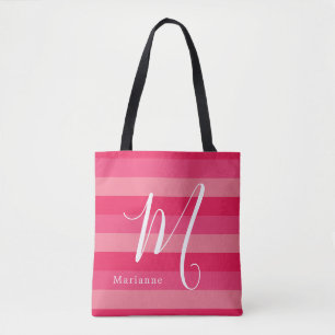 Tote Bag Raspberry Pink Strips Nom du monogramme personnali