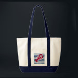 Tote Bag Rayure blanche bleue de monogramme rouge nautique<br><div class="desc">Un homard rouge avec votre monogramme ou texte a placé sur un arrière - plan rayé de bleu marine et blanc. Une conception parfaite pour une plage ou une maison d'été par l'océan, homard font cuire au four sur le rivage, les réunions ou juste la vie quotidienne. Cliquez sur dessus...</div>