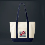Tote Bag Rayure blanche bleue de monogramme rouge nautique<br><div class="desc">Un homard rouge avec votre monogramme ou texte a placé sur un arrière - plan rayé de bleu marine et blanc. Une conception parfaite pour une plage ou une maison d'été par l'océan, homard font cuire au four sur le rivage, les réunions ou juste la vie quotidienne. Cliquez sur dessus...</div>