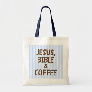 Tote Bag Rayure Bleue Lettres Marron Christian Coffee Lover