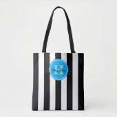 Tote Bag Rayure noir et blanc avec monogramme bleu vif (Devant)