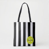 Tote Bag Rayure Noir et Blanc avec Monogramme Vert Citron (Devant)