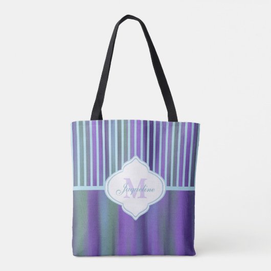 Tote Bag Rayure pourpre turquoise de monogramme de vert (Dos)