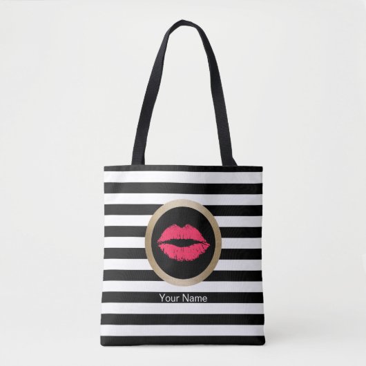 Tote Bag Rayures blanches noires modernes de lèvres rouges (Devant)