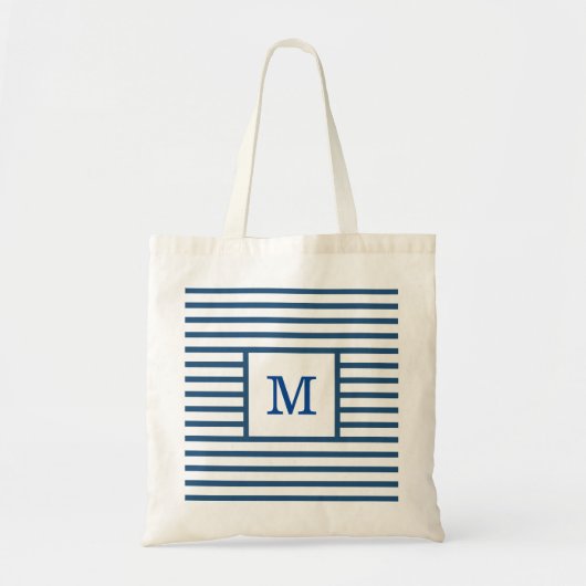Tote Bag Rayures bleu foncé et blanc avec monogramme person (Devant)